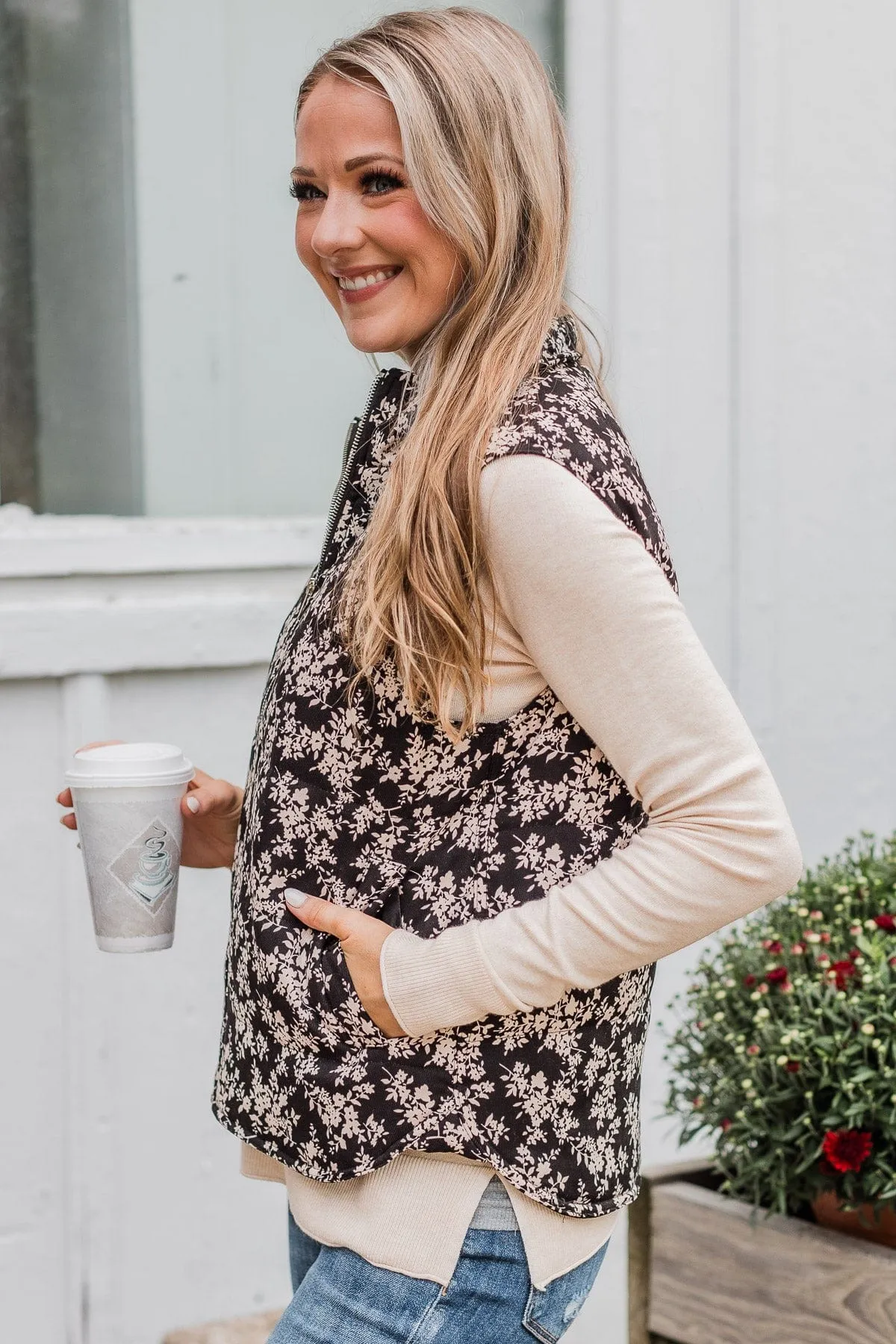 Perfect Floral Puffer Vest, Black