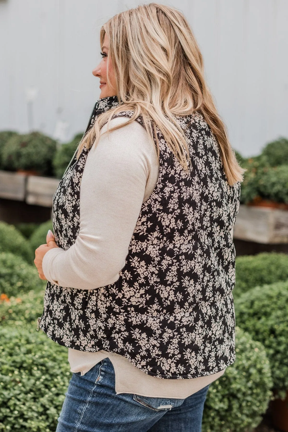 Perfect Floral Puffer Vest, Black