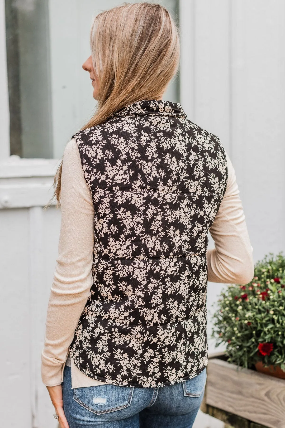 Perfect Floral Puffer Vest, Black