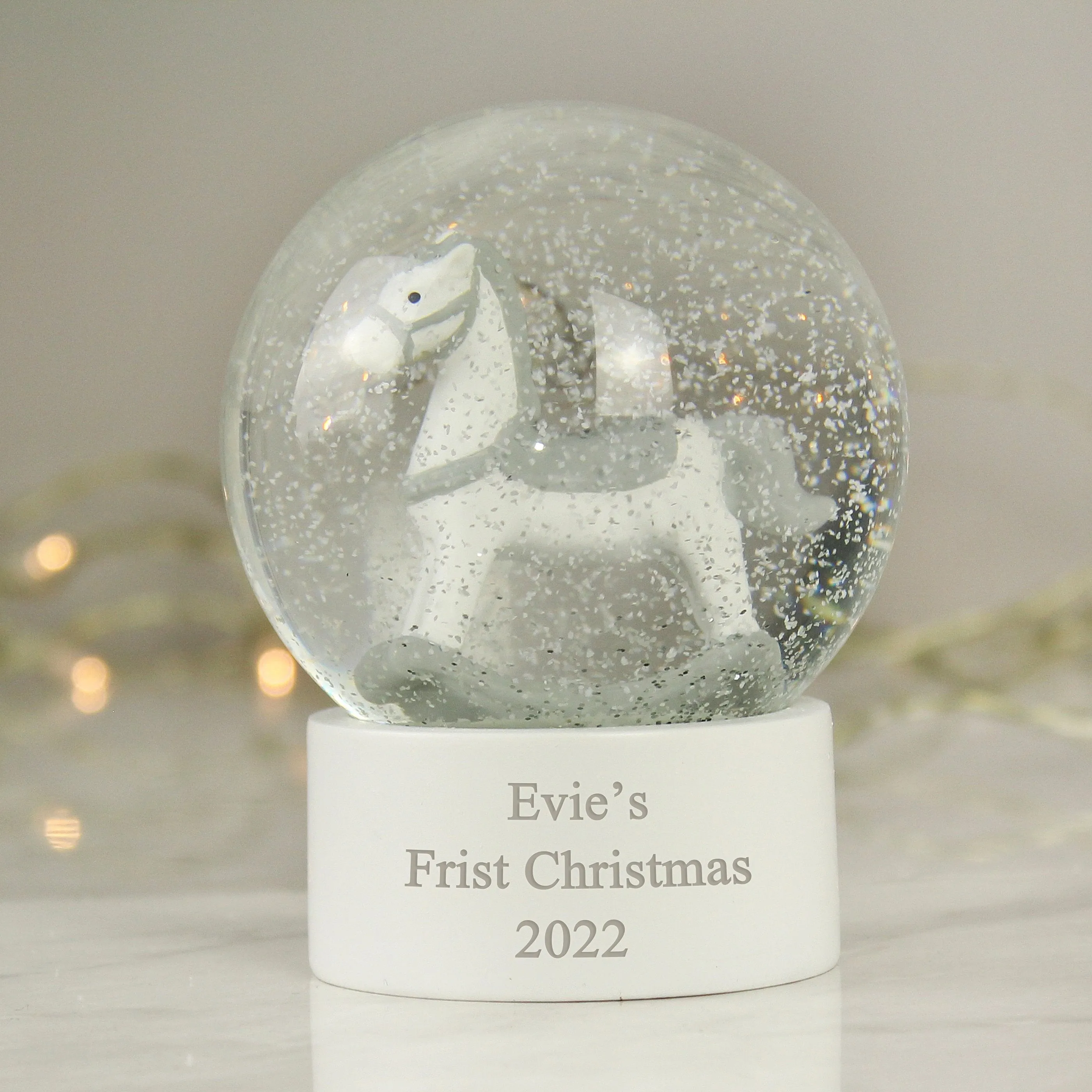 Personalised Rocking Horse Snow Globe with Glitter and Free Custom Text