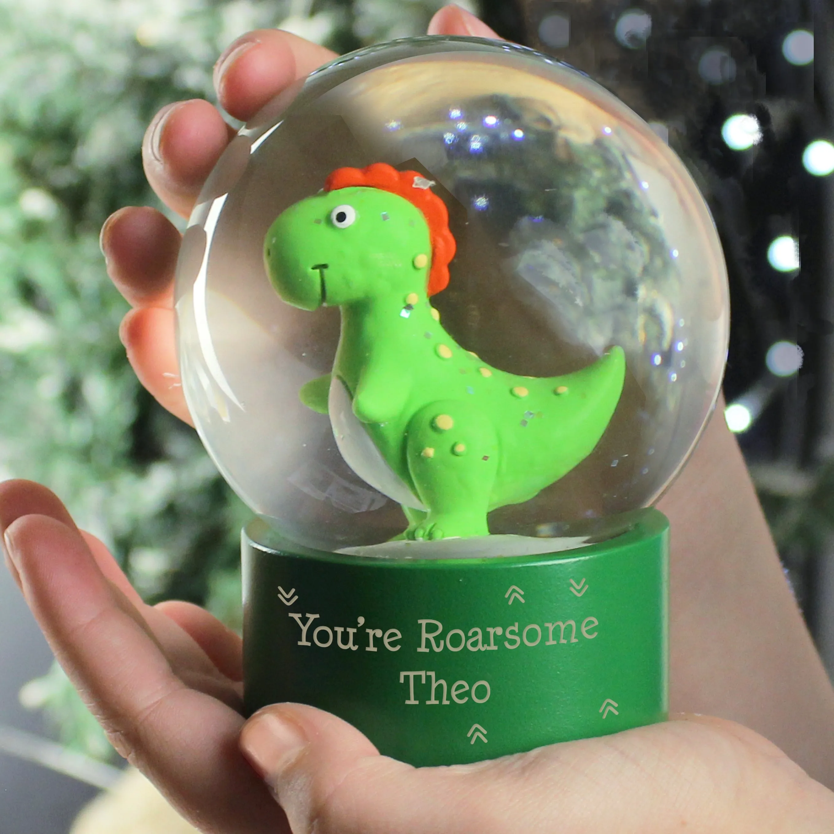 Personalized Dinosaur Snow Globe with Glitter - Customizable Message