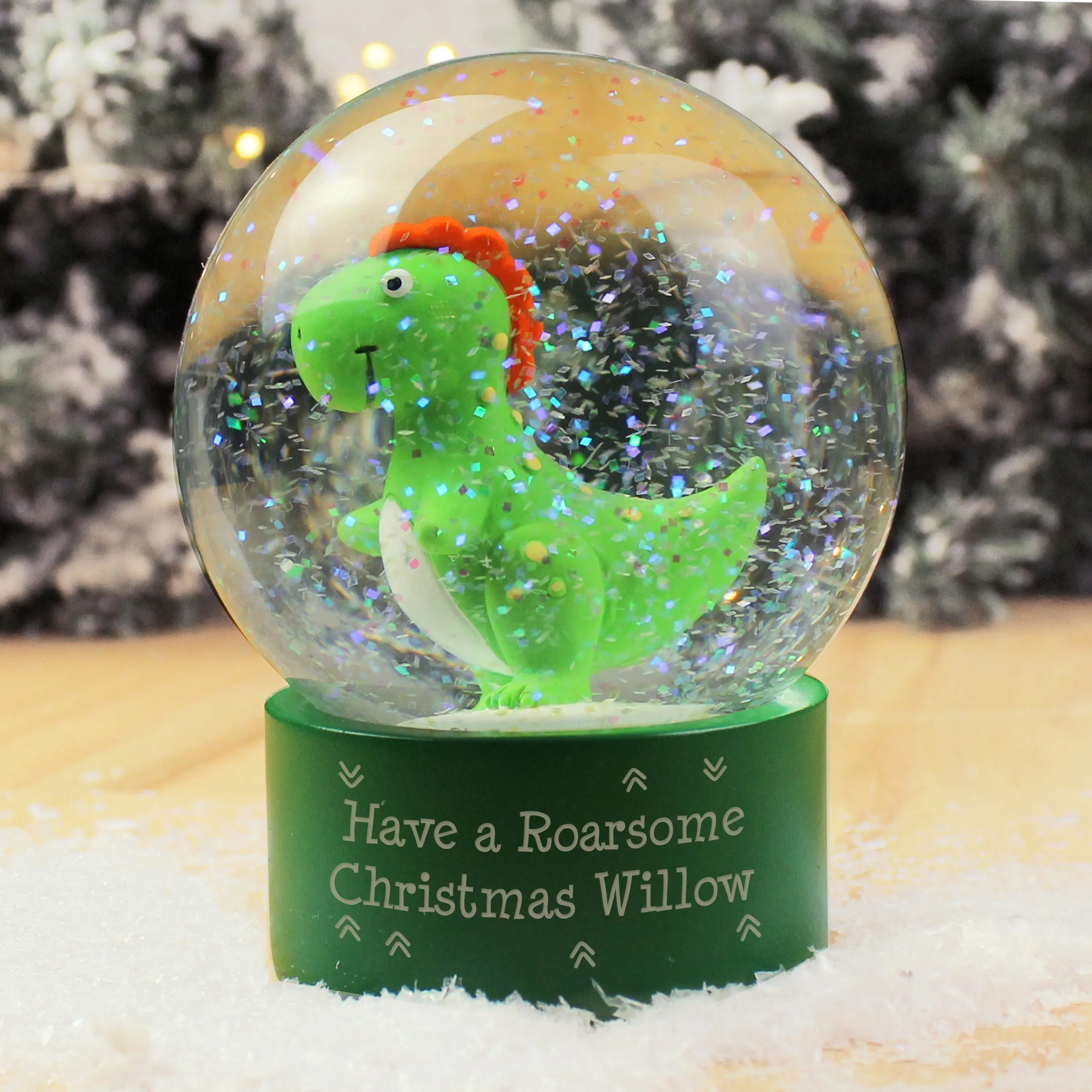 Personalized Dinosaur Snow Globe with Glitter - Customizable Message