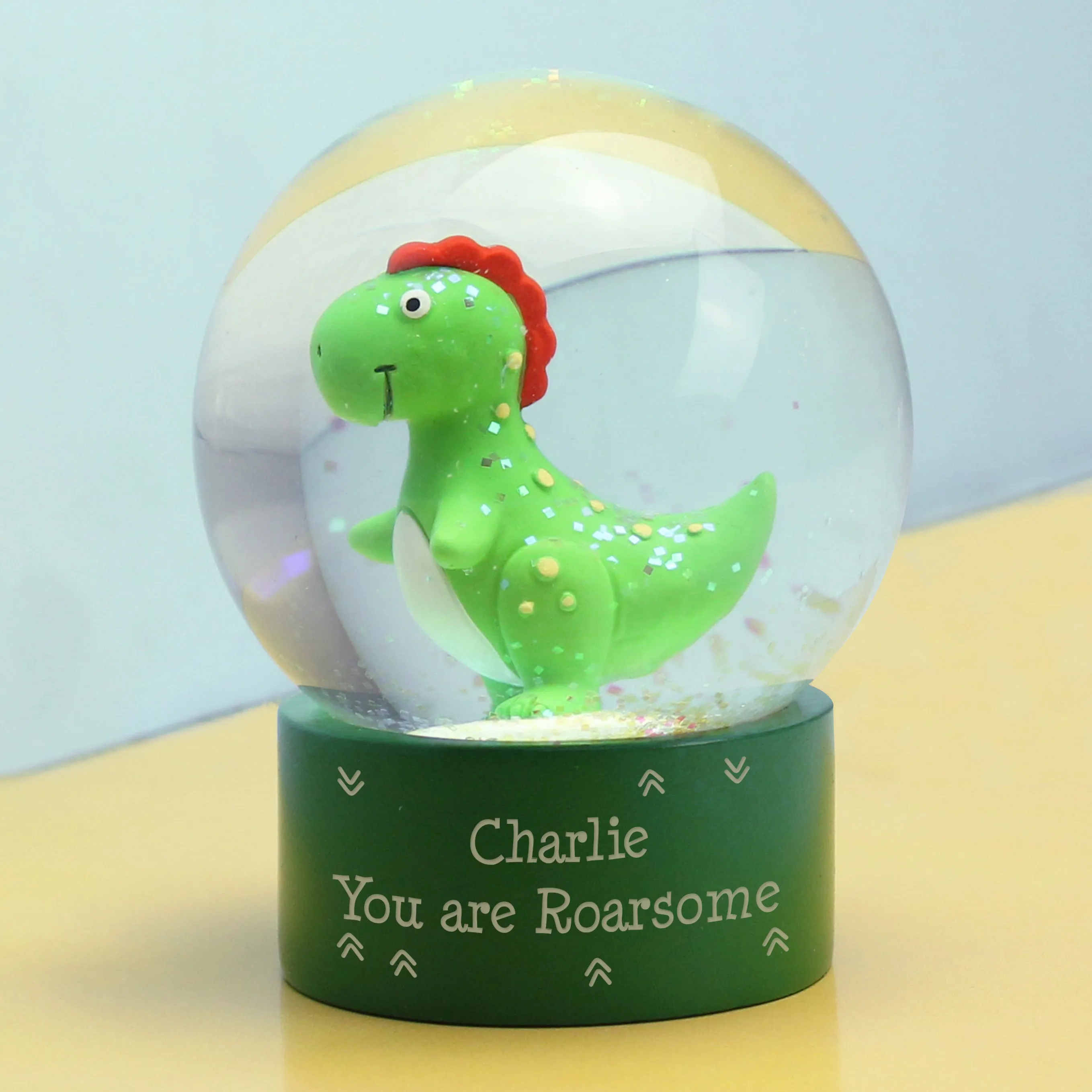 Personalized Dinosaur Snow Globe with Glitter - Customizable Message