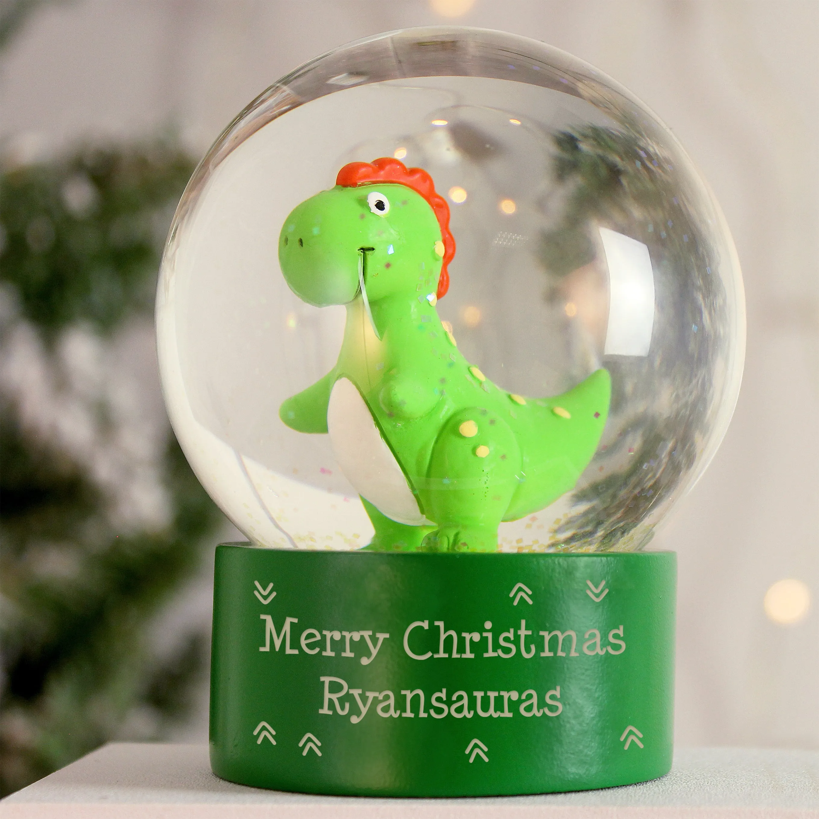 Personalized Dinosaur Snow Globe with Glitter - Customizable Message