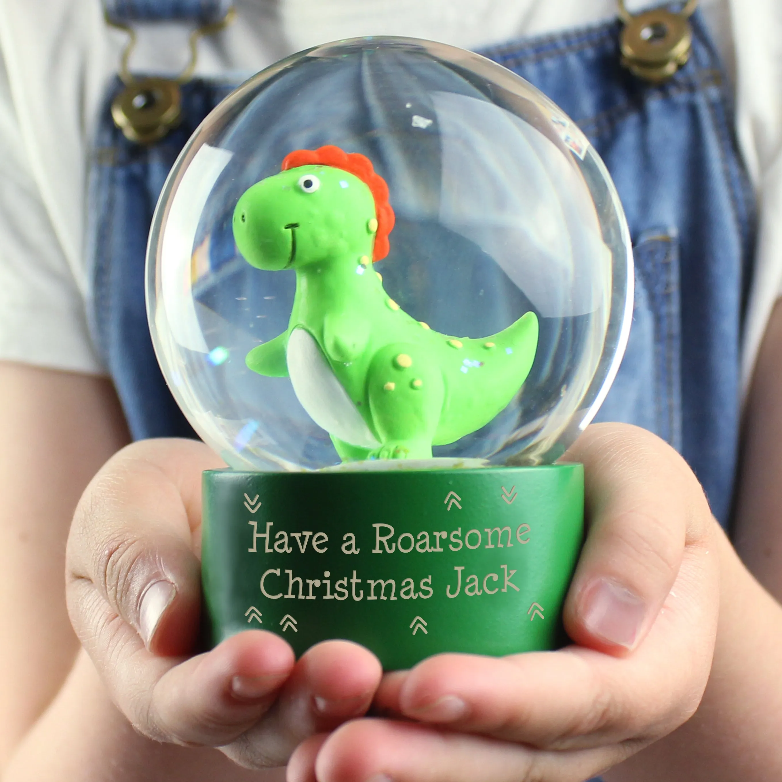 Personalized Dinosaur Snow Globe with Glitter - Customizable Message