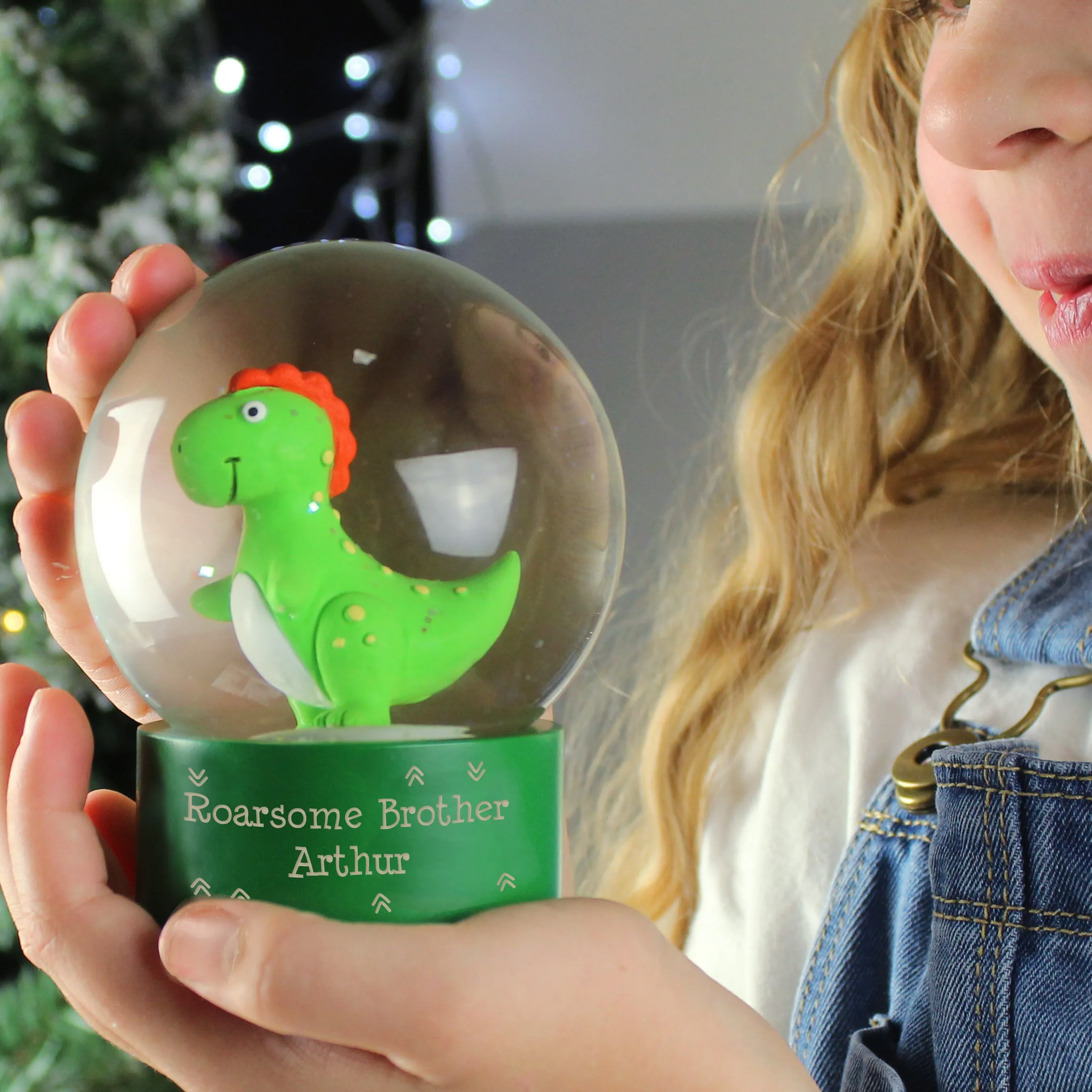 Personalized Dinosaur Snow Globe with Glitter - Customizable Message