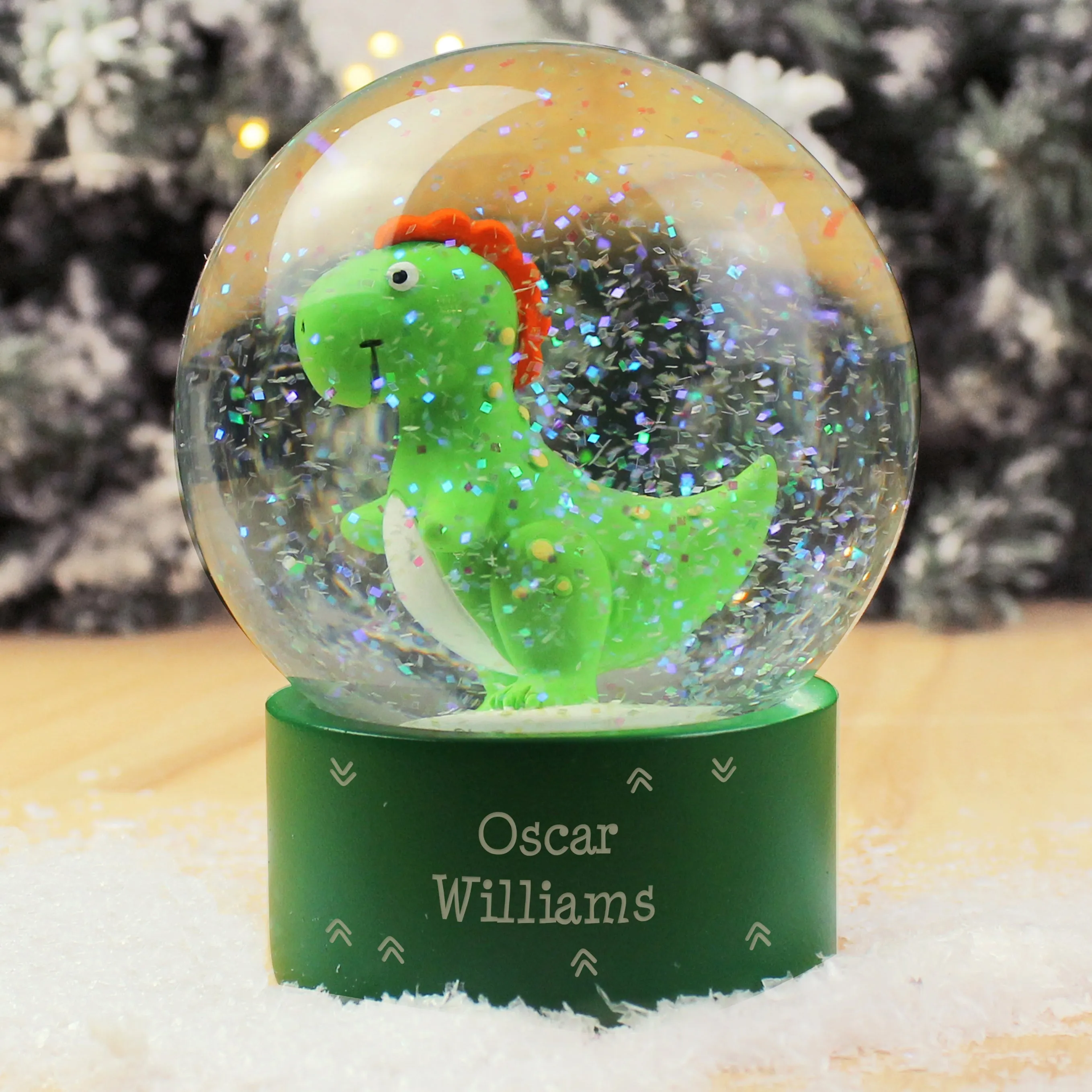 Personalized Dinosaur Snow Globe with Glitter - Customizable Message