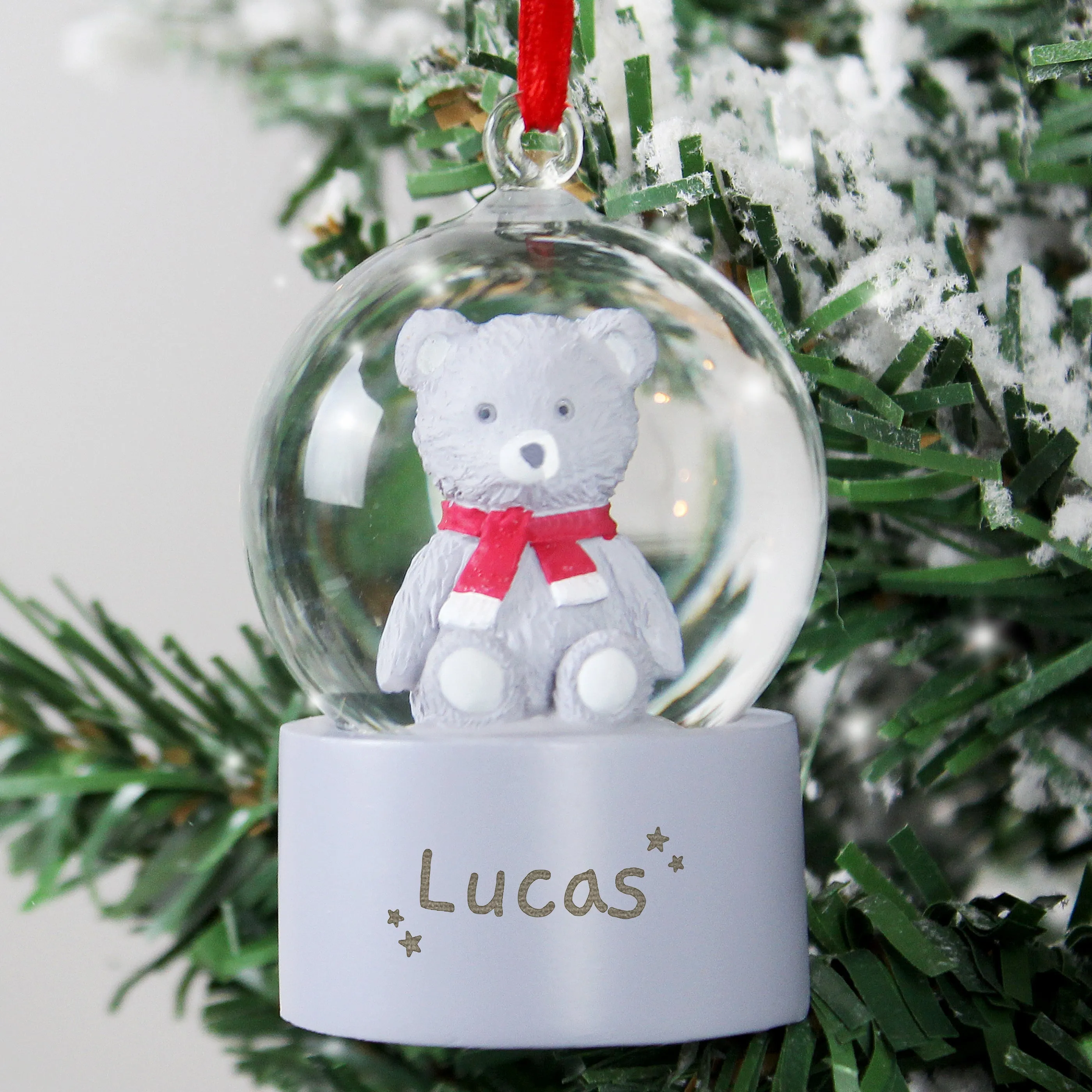 Personalized Name Teddy Bear Glitter Snow Globe Tree Ornament