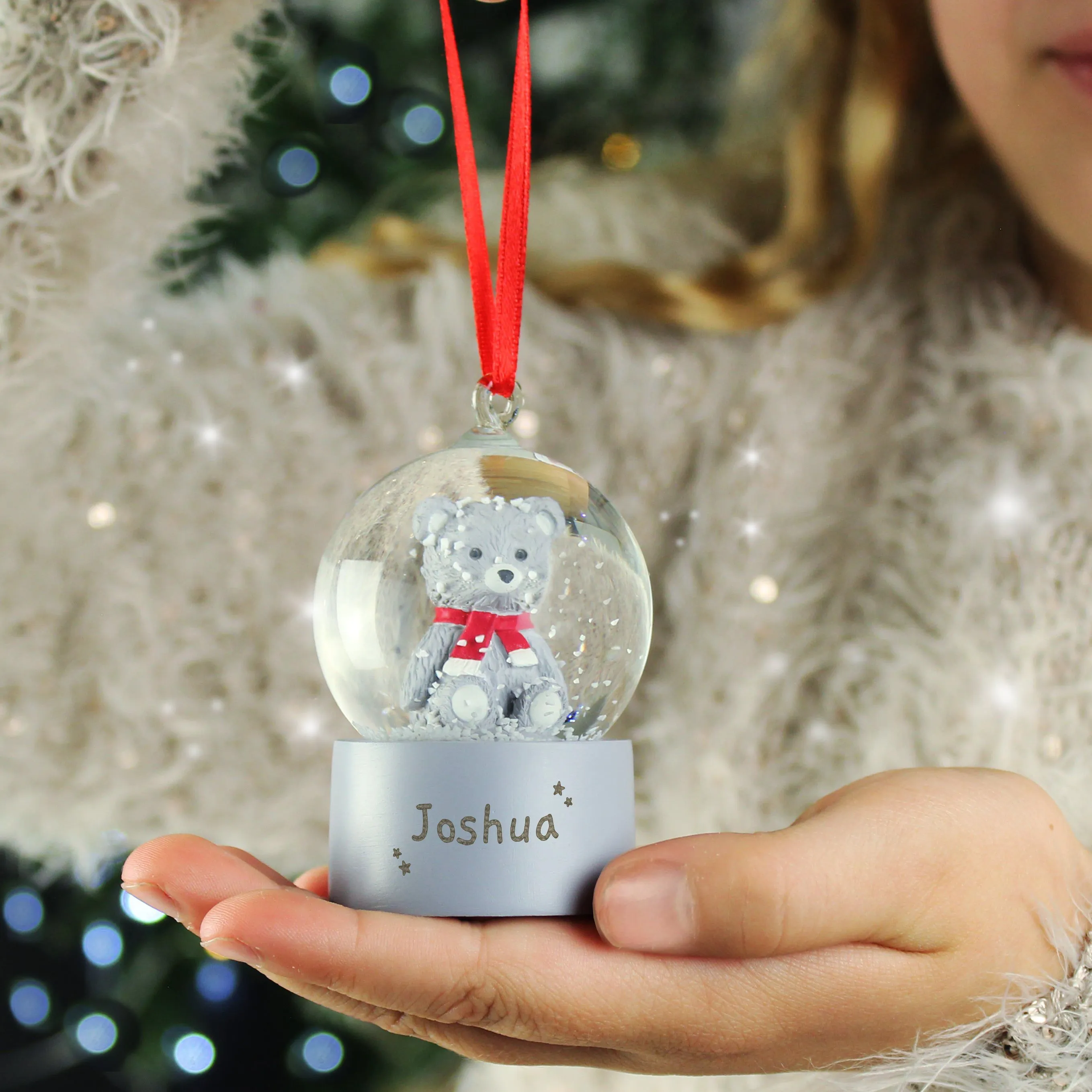 Personalized Name Teddy Bear Glitter Snow Globe Tree Ornament