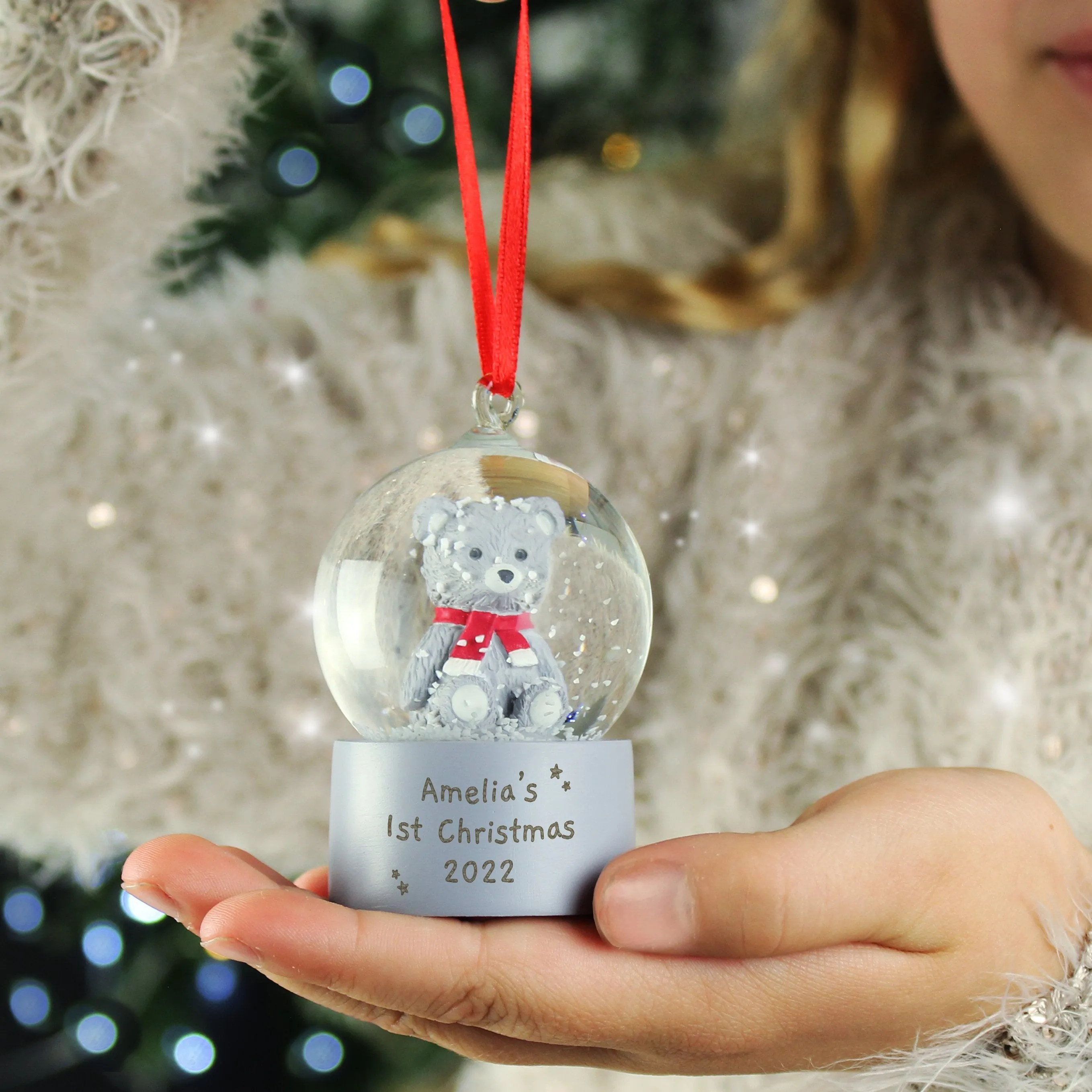 Personalized Teddy Bear Snow Globe Ornament with Glitter - Ideal Christmas Tree Decoration