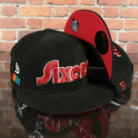 Philadelphia 76ers City Edition Sixers Script Spectrum Side Patch Black Corduroy Red Bottom 59Fifty Fitted Cap