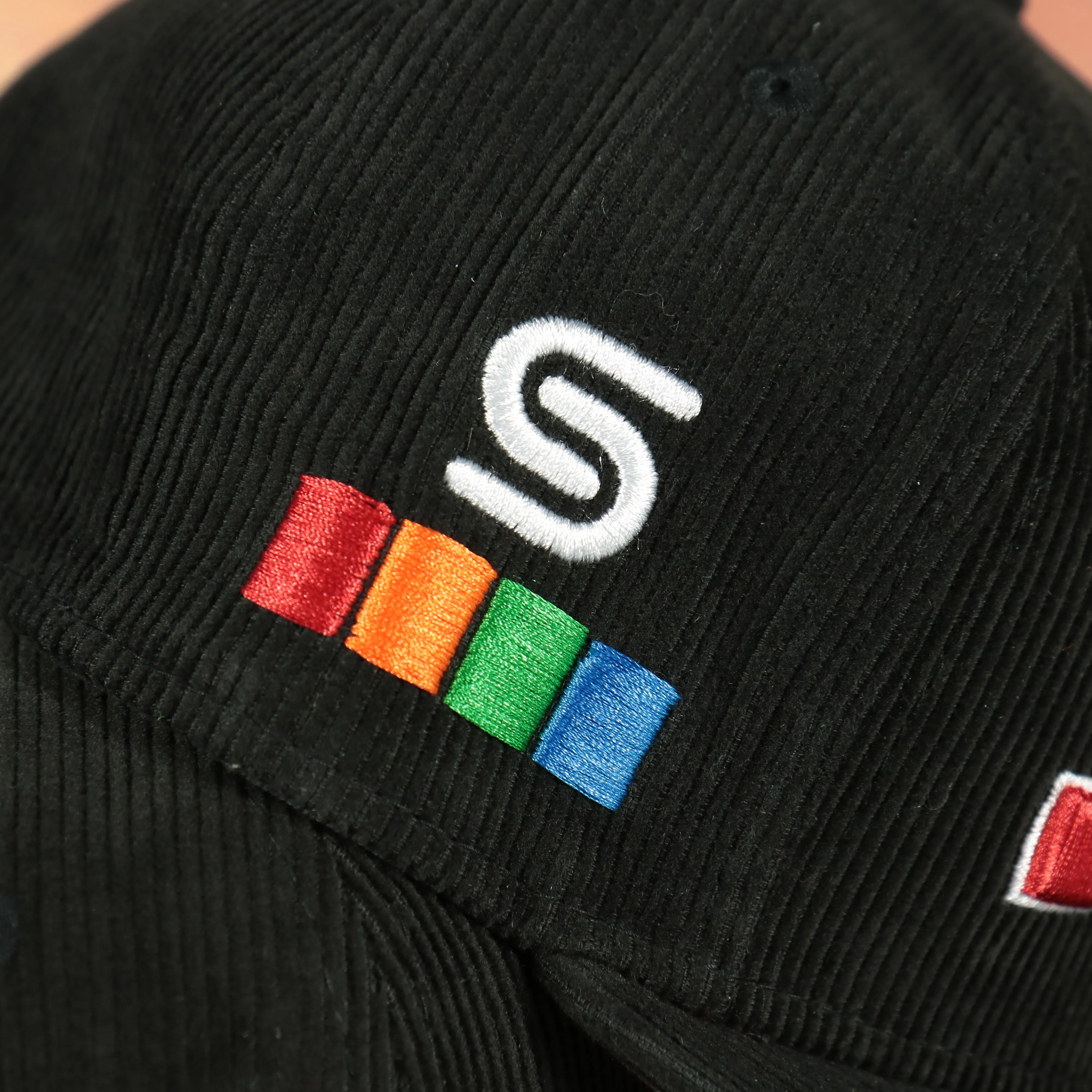 Philadelphia 76ers City Edition Sixers Script Spectrum Side Patch Black Corduroy Red Bottom 59Fifty Fitted Cap