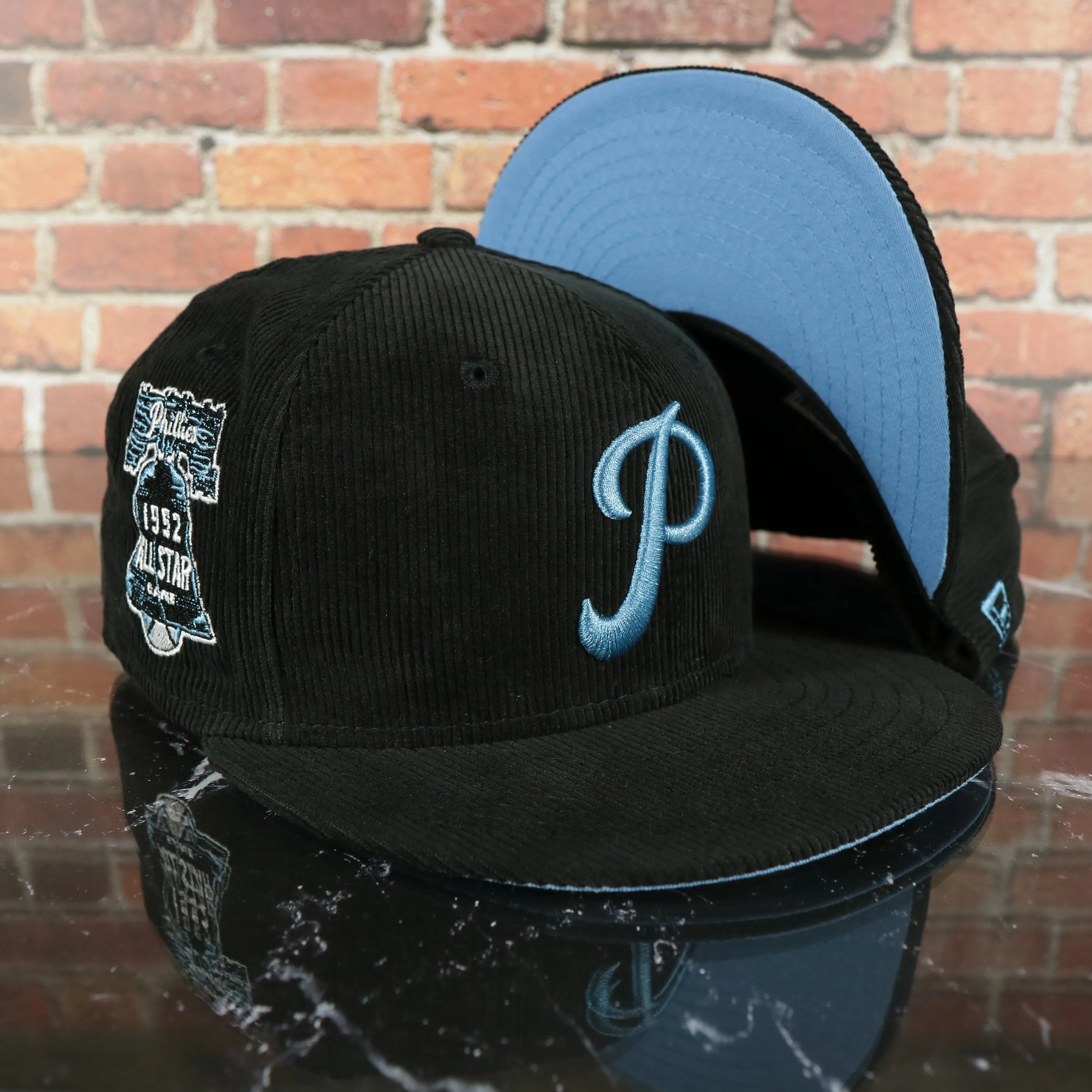 Philadelphia Phillies Cooperstown All Star Game Side Patch Black Corduroy Powder Blue Bottom Fitted Cap 59Fifty - Corduroy