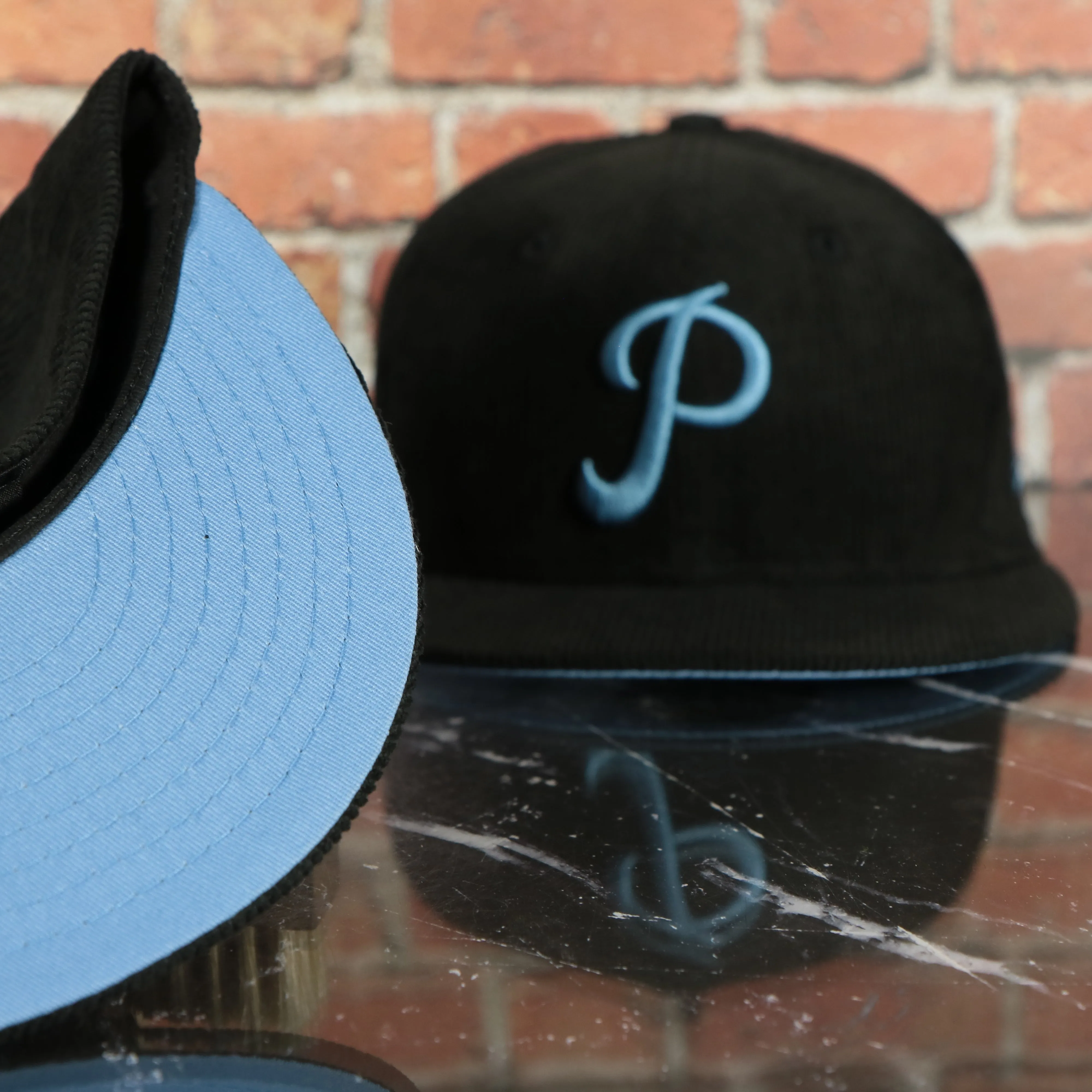 Philadelphia Phillies Cooperstown All Star Game Side Patch Black Corduroy Powder Blue Bottom Fitted Cap 59Fifty - Corduroy