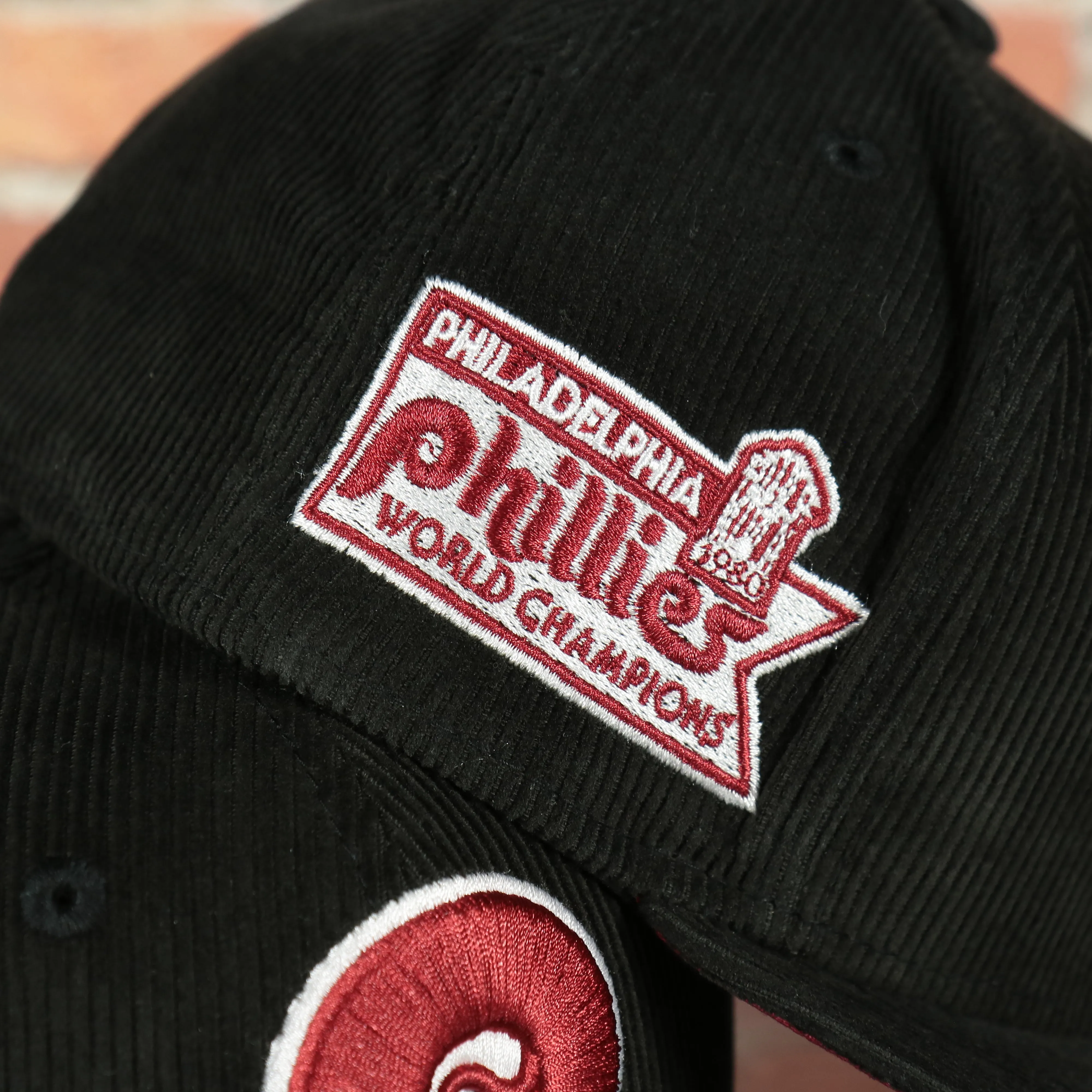 Philadelphia Phillies Cooperstown World Champions Side Patch Black Maroon Bottom Corduroy 59Fifty Fitted Cap | Corduroy Fitted P