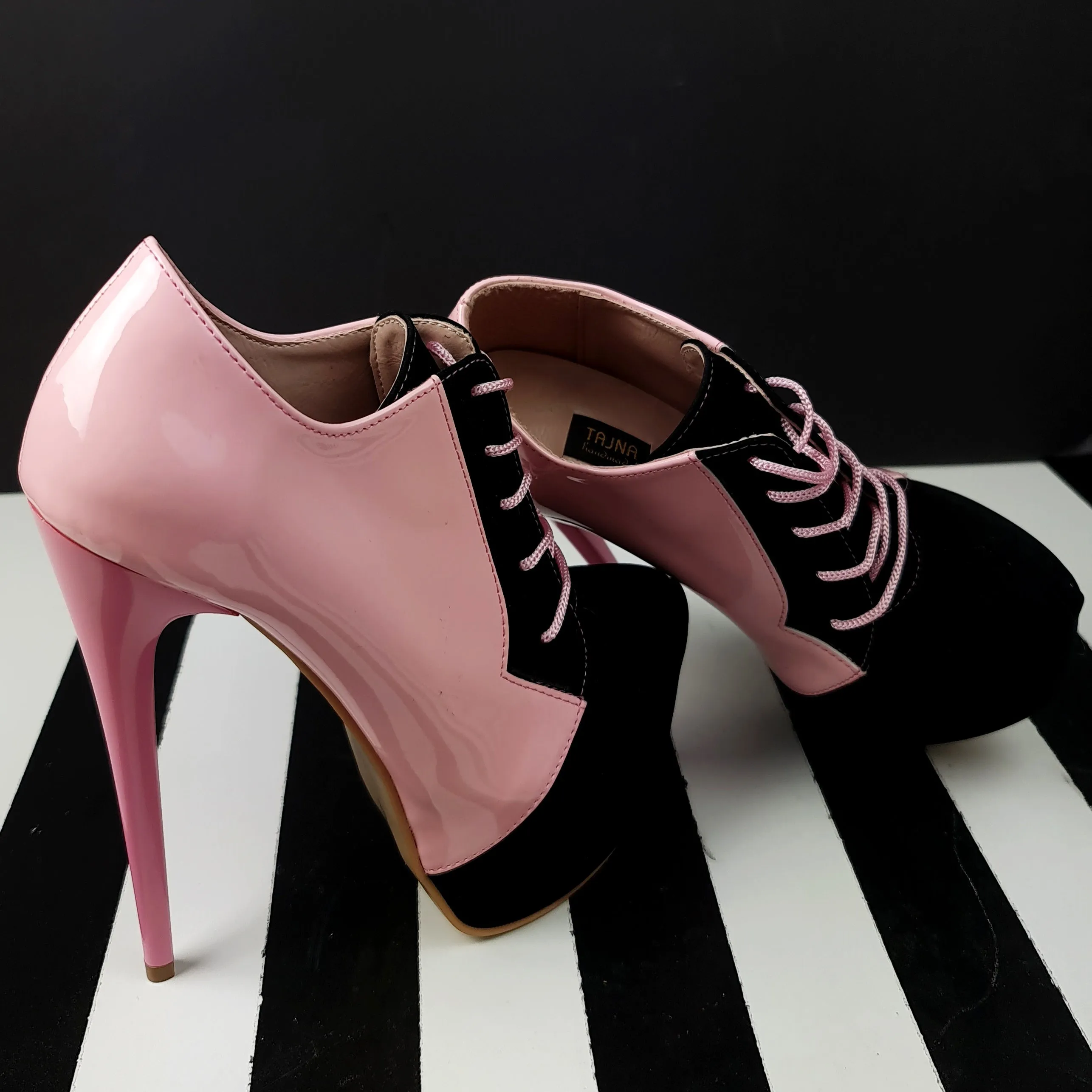 Pink Black Oxford Lace Up Ankle Cut Heels