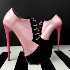 Pink Black Oxford Lace Up Ankle Cut Heels