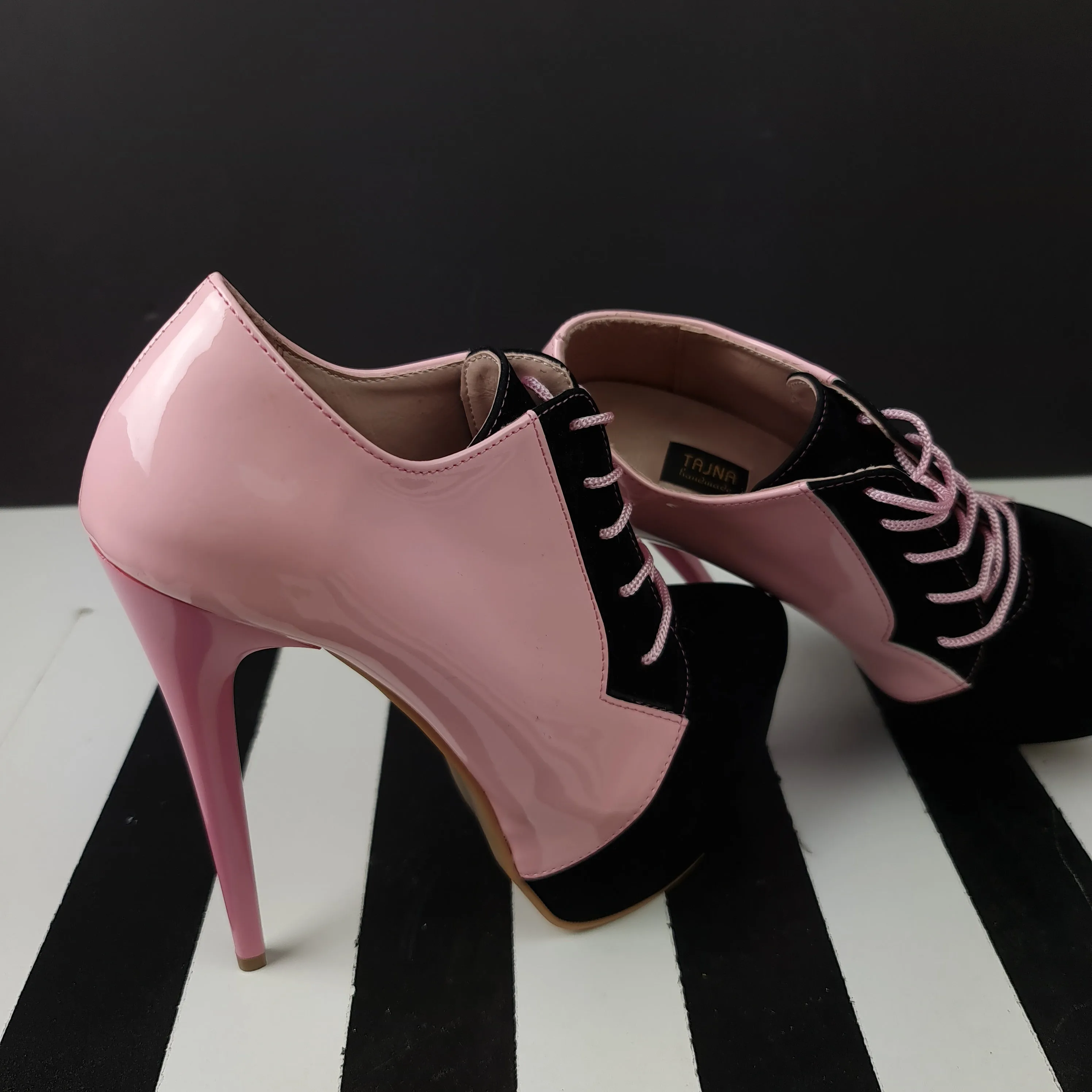 Pink Black Oxford Lace Up Ankle Cut Heels