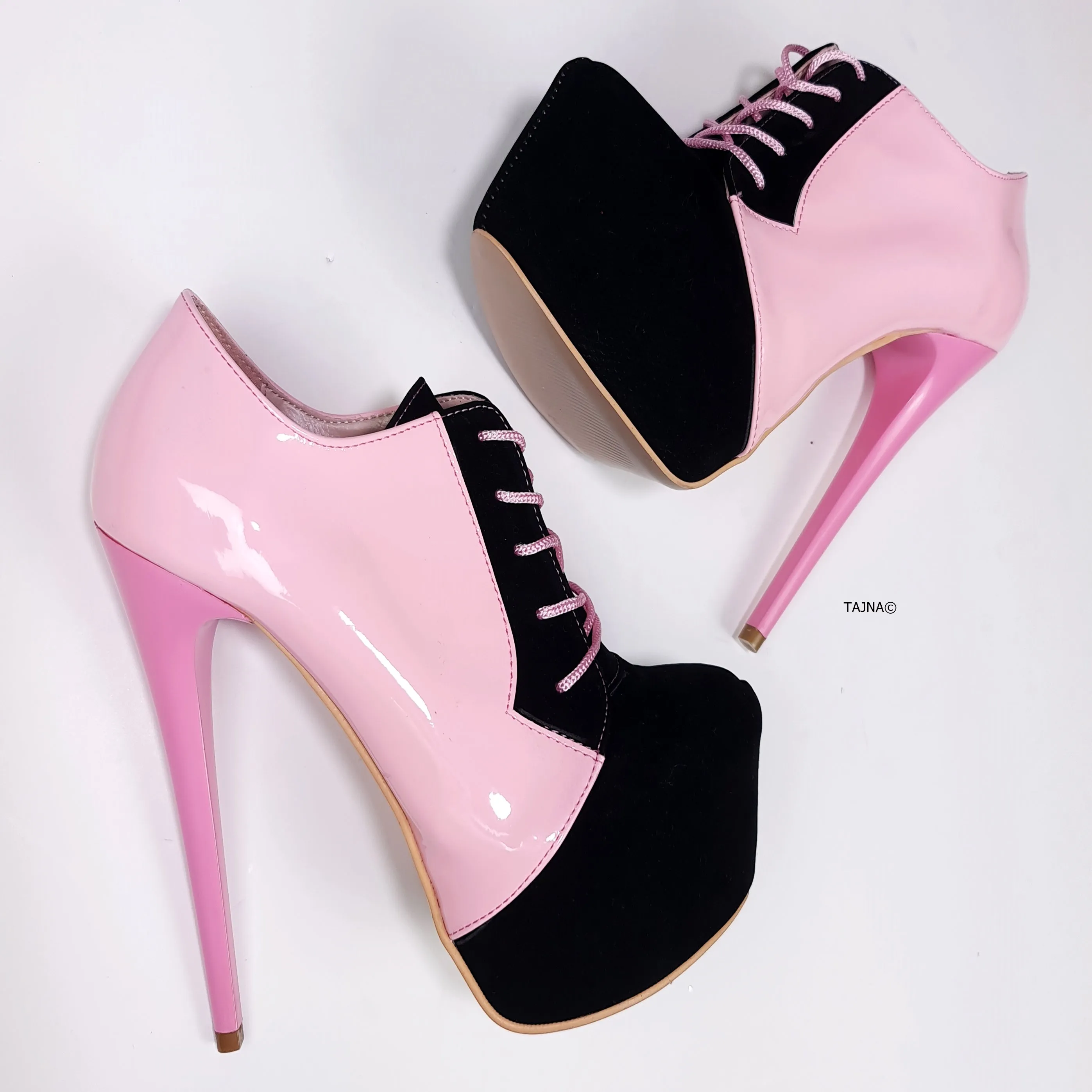 Pink Black Oxford Lace Up Ankle Cut Heels