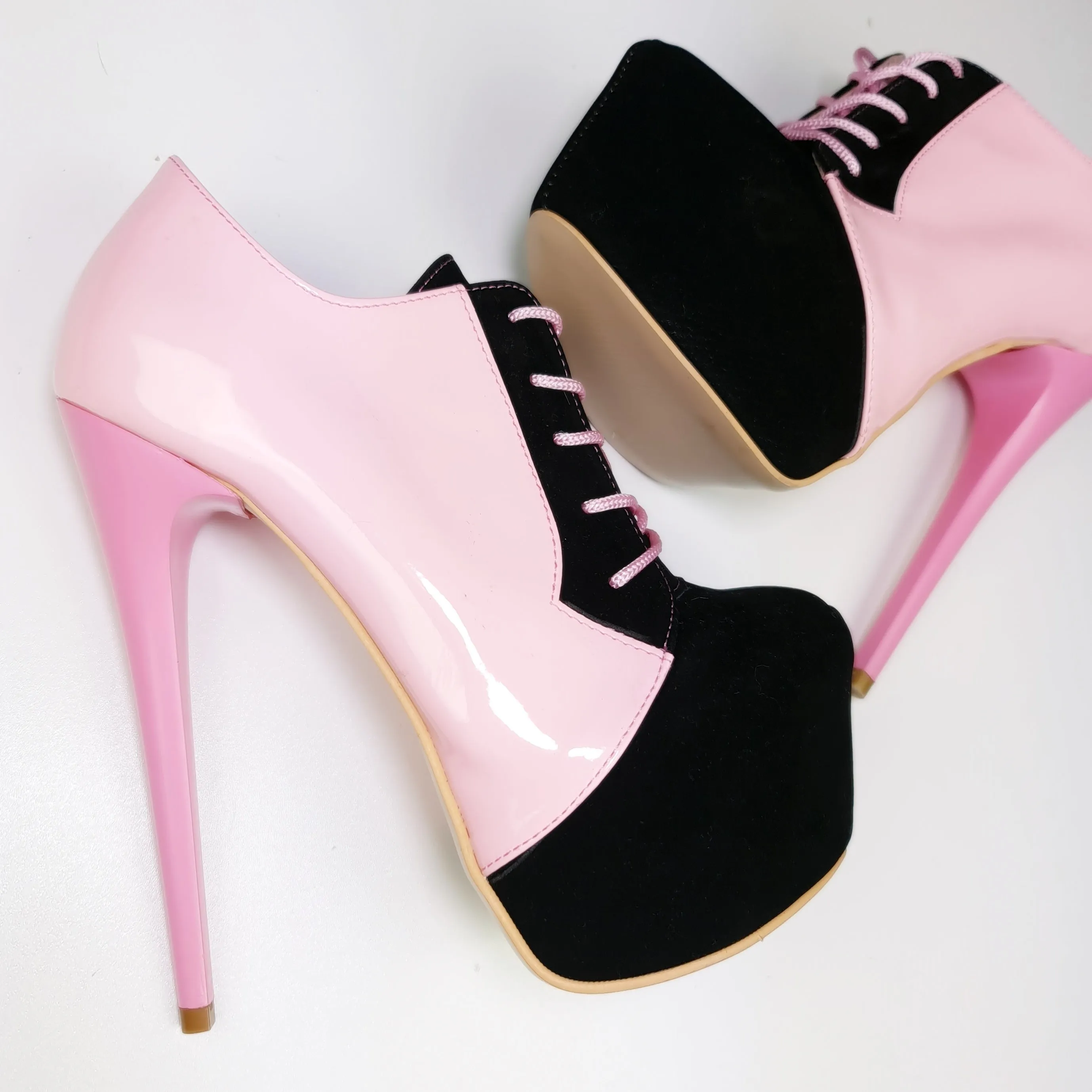 Pink Black Oxford Lace Up Ankle Cut Heels