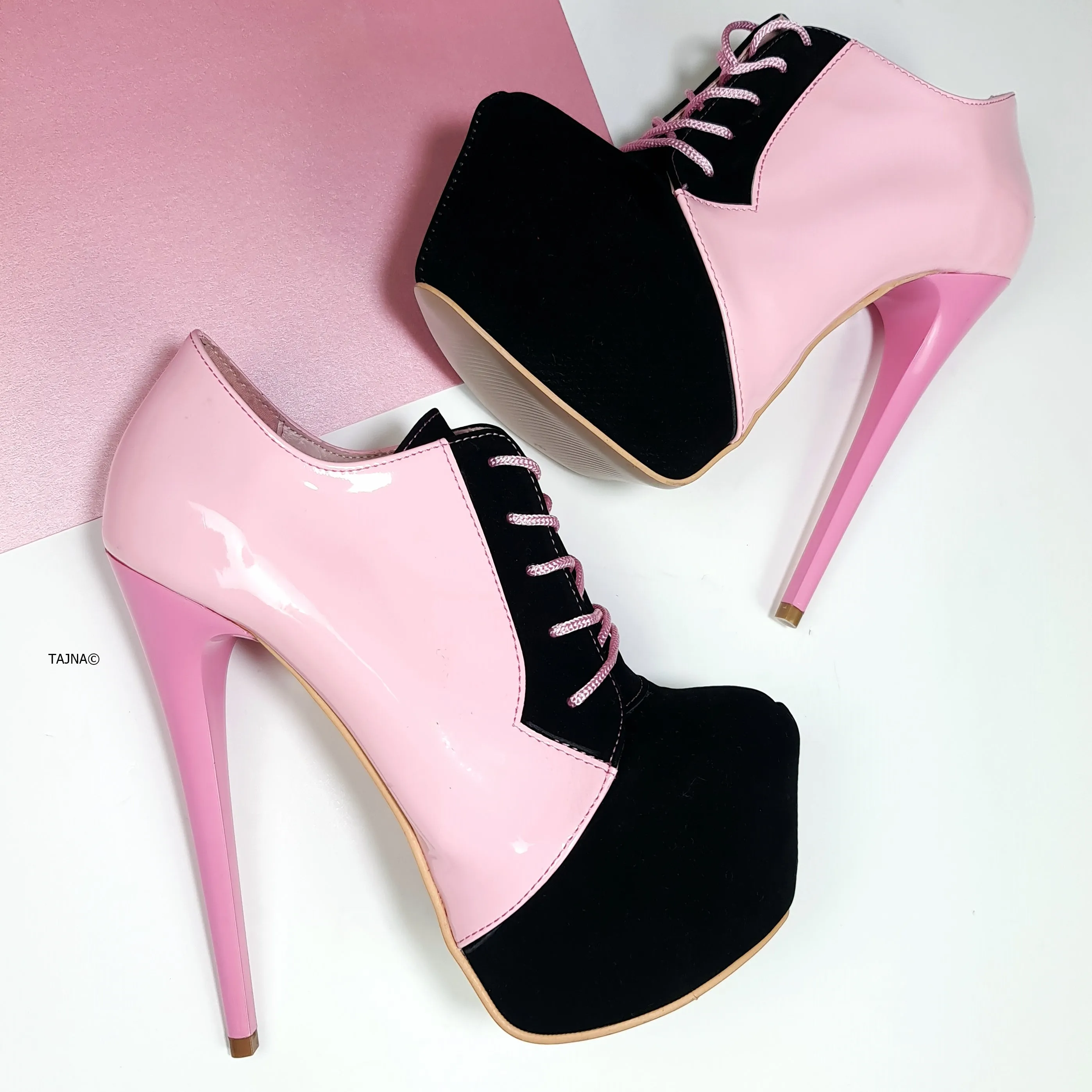 Pink Black Oxford Lace Up Ankle Cut Heels