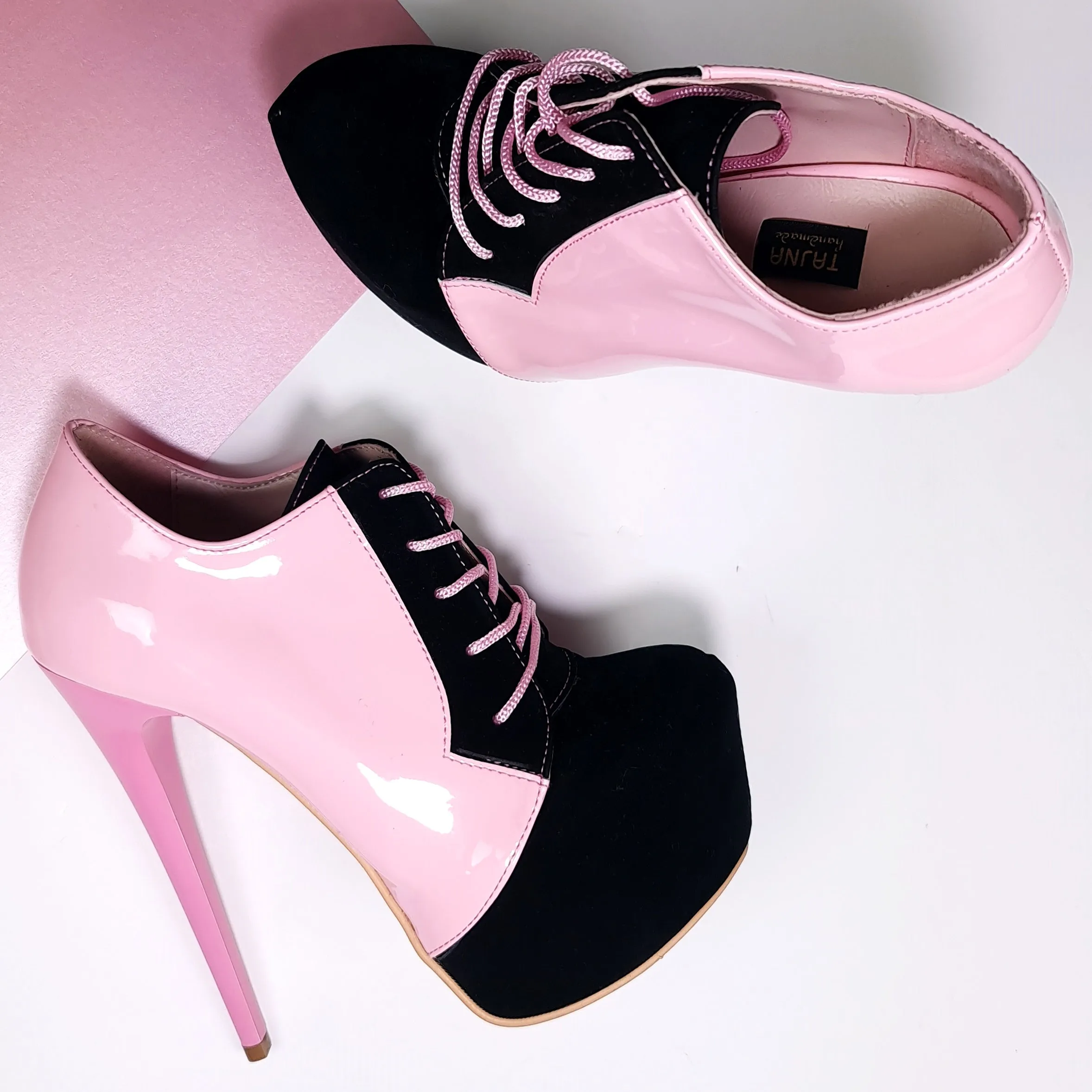 Pink Black Oxford Lace Up Ankle Cut Heels