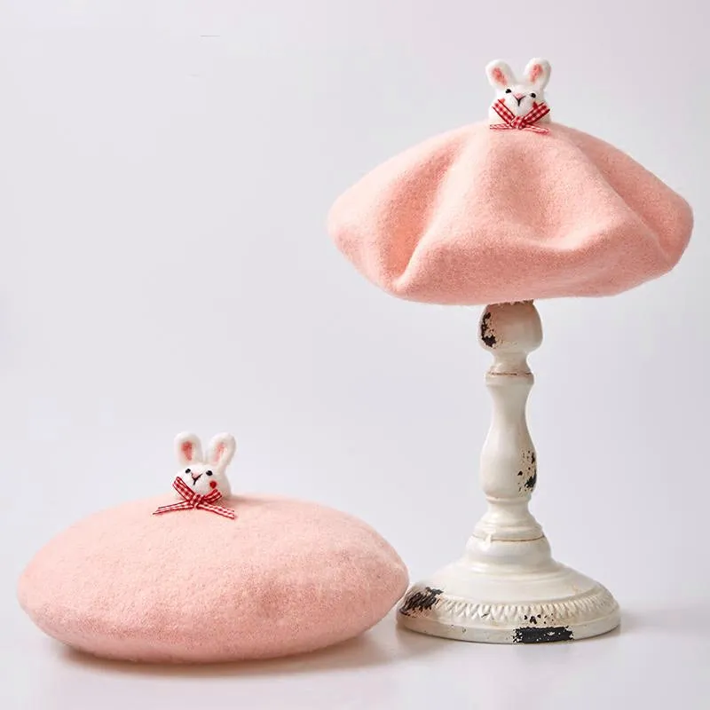 Pink Handmade Wool Felt Beret Hat with Cute Bunny Embroidery