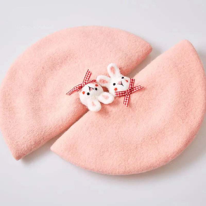 Pink Handmade Wool Felt Beret Hat with Cute Bunny Embroidery