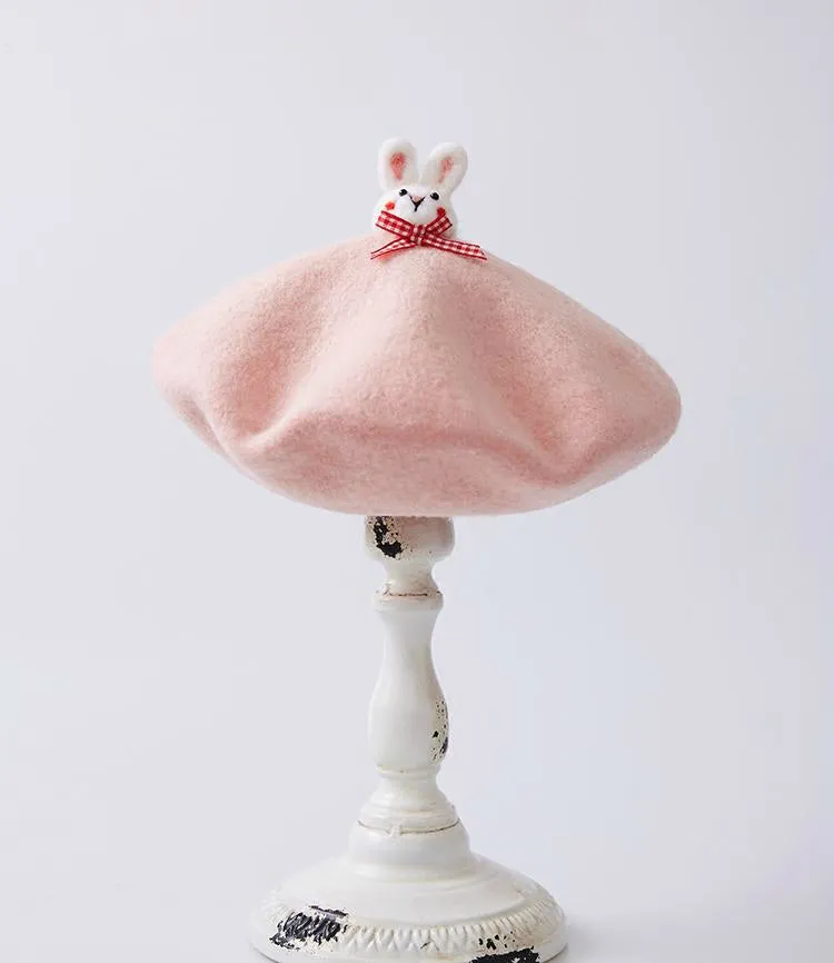 Pink Handmade Wool Felt Beret Hat with Cute Bunny Embroidery