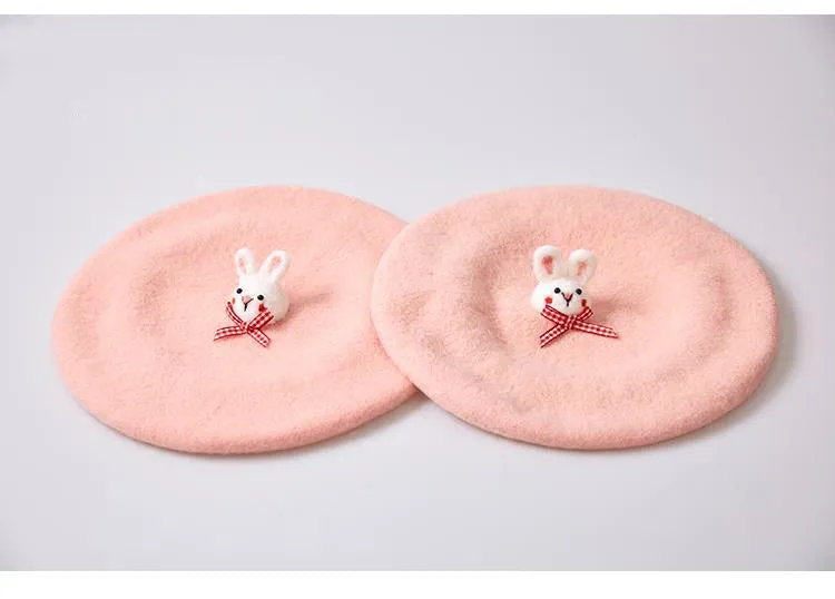 Pink Handmade Wool Felt Beret Hat with Cute Bunny Embroidery