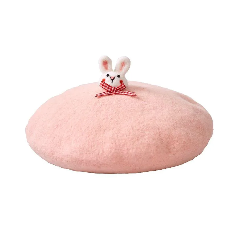 Pink Handmade Wool Felt Beret Hat with Cute Bunny Embroidery