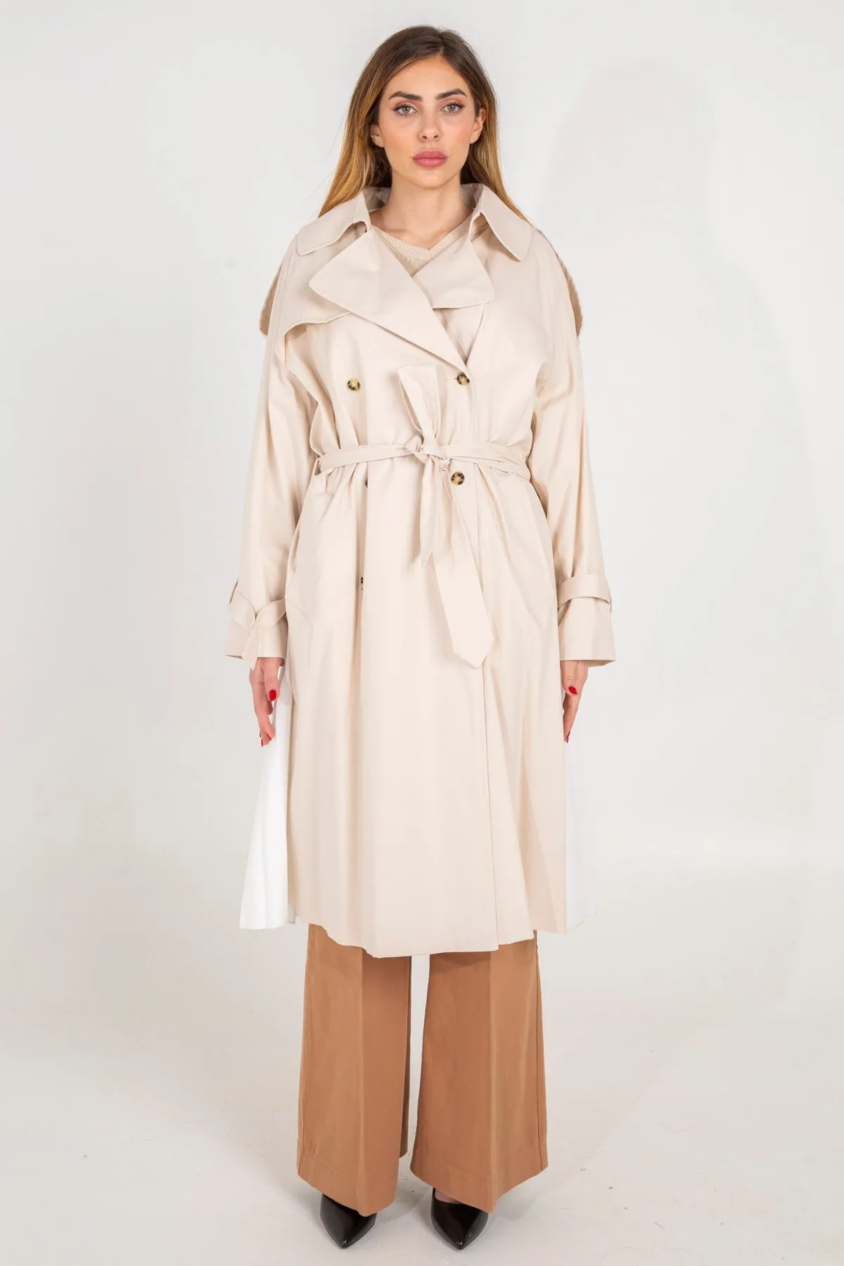 Pleated trench coat.