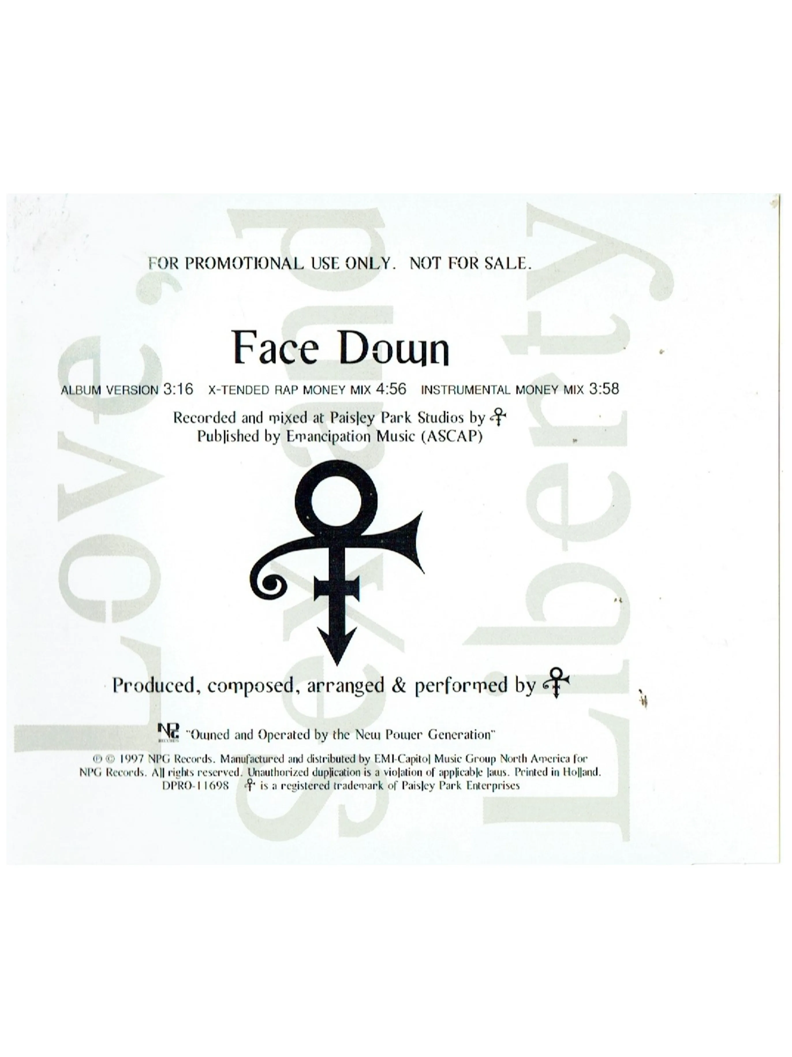 Prince - O(+> Face Down CD Single - 3 Track EU Release 1997