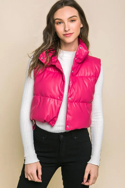 PU Leather Puffer Jacket with Snap Button