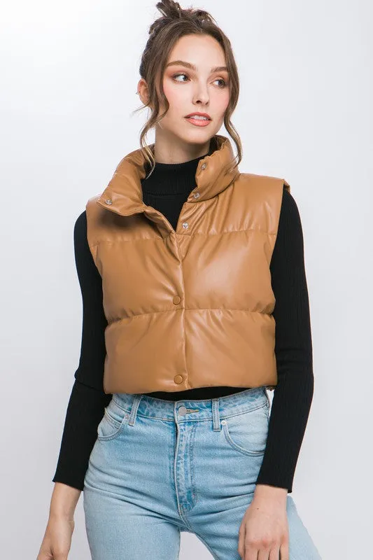 PU Leather Puffer Jacket with Snap Button