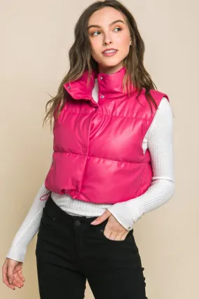 PU Leather Puffer Jacket with Snap Button