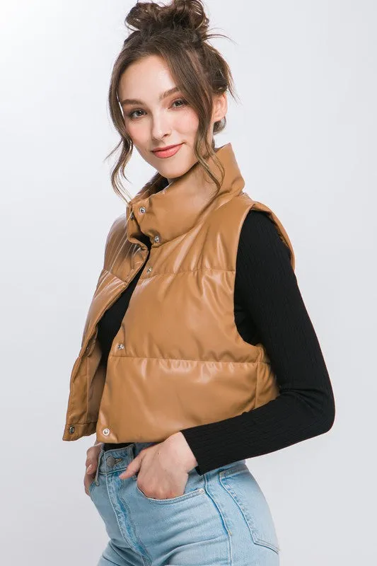 PU Leather Puffer Jacket with Snap Button