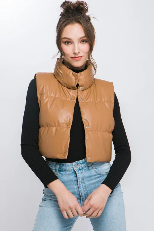 PU Leather Puffer Jacket with Snap Button