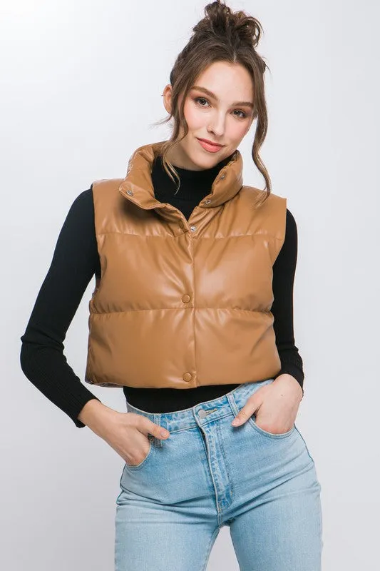 PU Leather Puffer Jacket with Snap Button