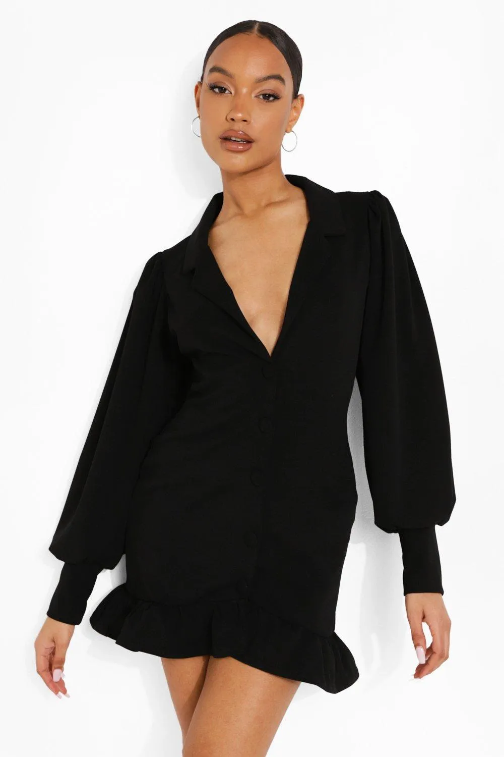 Puff Sleeve Ruffle Hem Blazer Dress