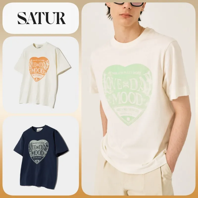 SATUR  |Unisex U-Neck Cotton Oversized Logo T-Shirts