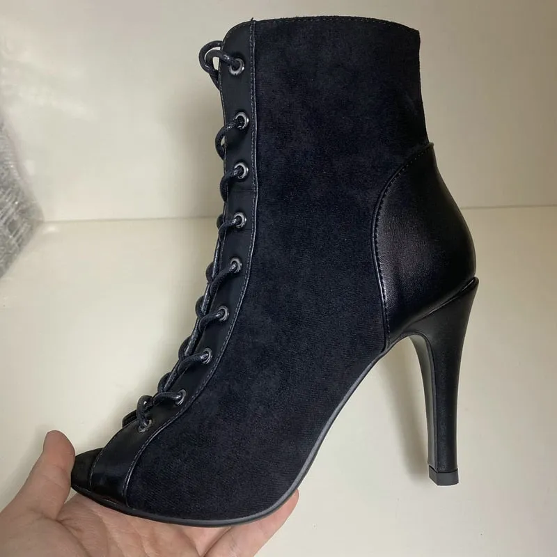 Sexy Black High Heel Peep Toe Ankle Boots with Zipper