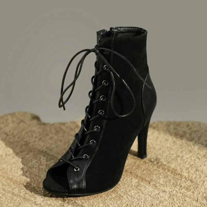 Sexy Black High Heel Peep Toe Ankle Boots with Zipper