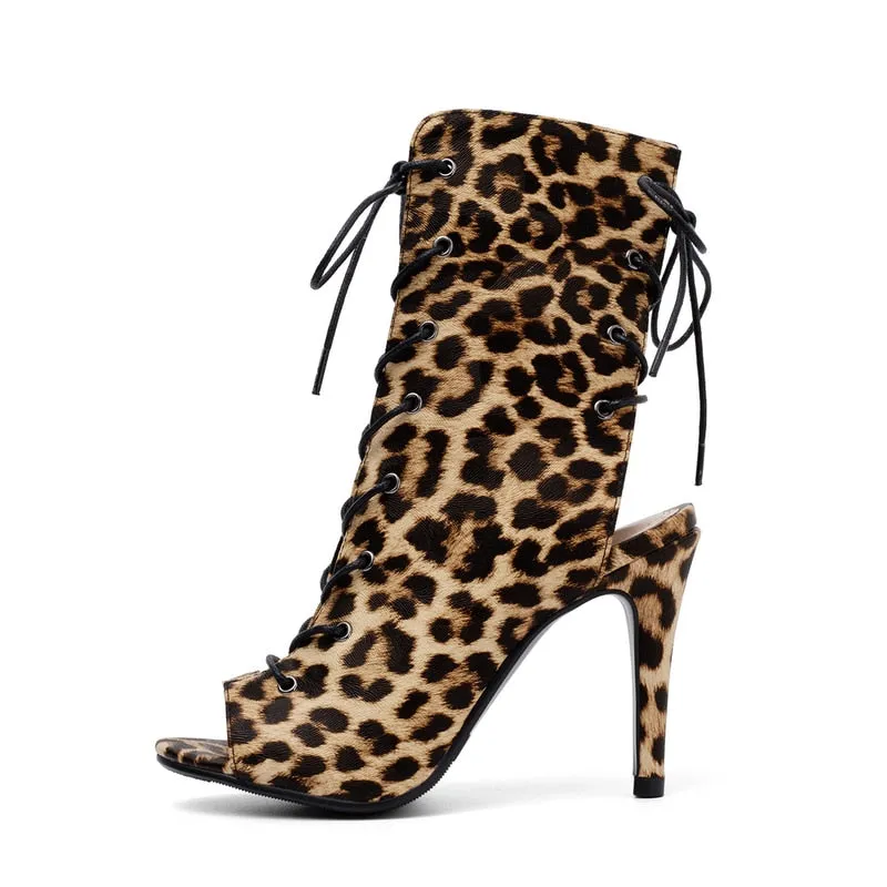 Sexy Leopard Grain Cross-tied Dance Ankle Boots for Women