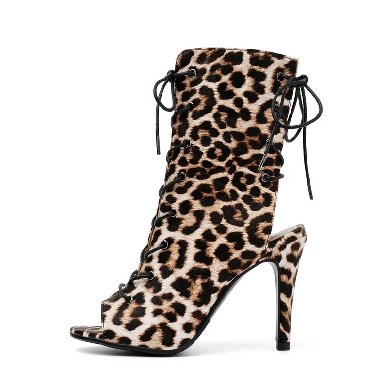 Sexy Leopard Grain Cross-tied Dance Ankle Boots for Women