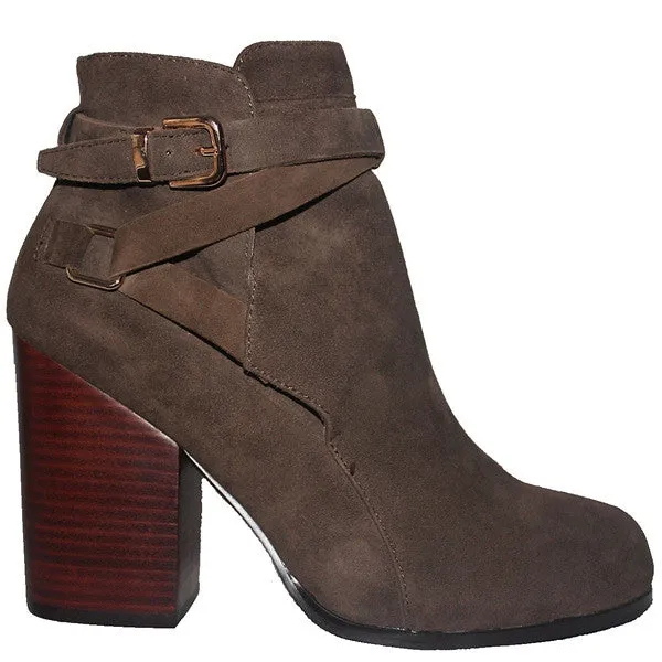 Taupe Suede Buckle Strap Block Heel Short Boot - Kixters Gena