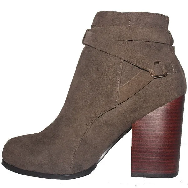 Taupe Suede Buckle Strap Block Heel Short Boot - Kixters Gena