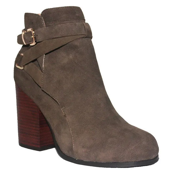 Taupe Suede Buckle Strap Block Heel Short Boot - Kixters Gena