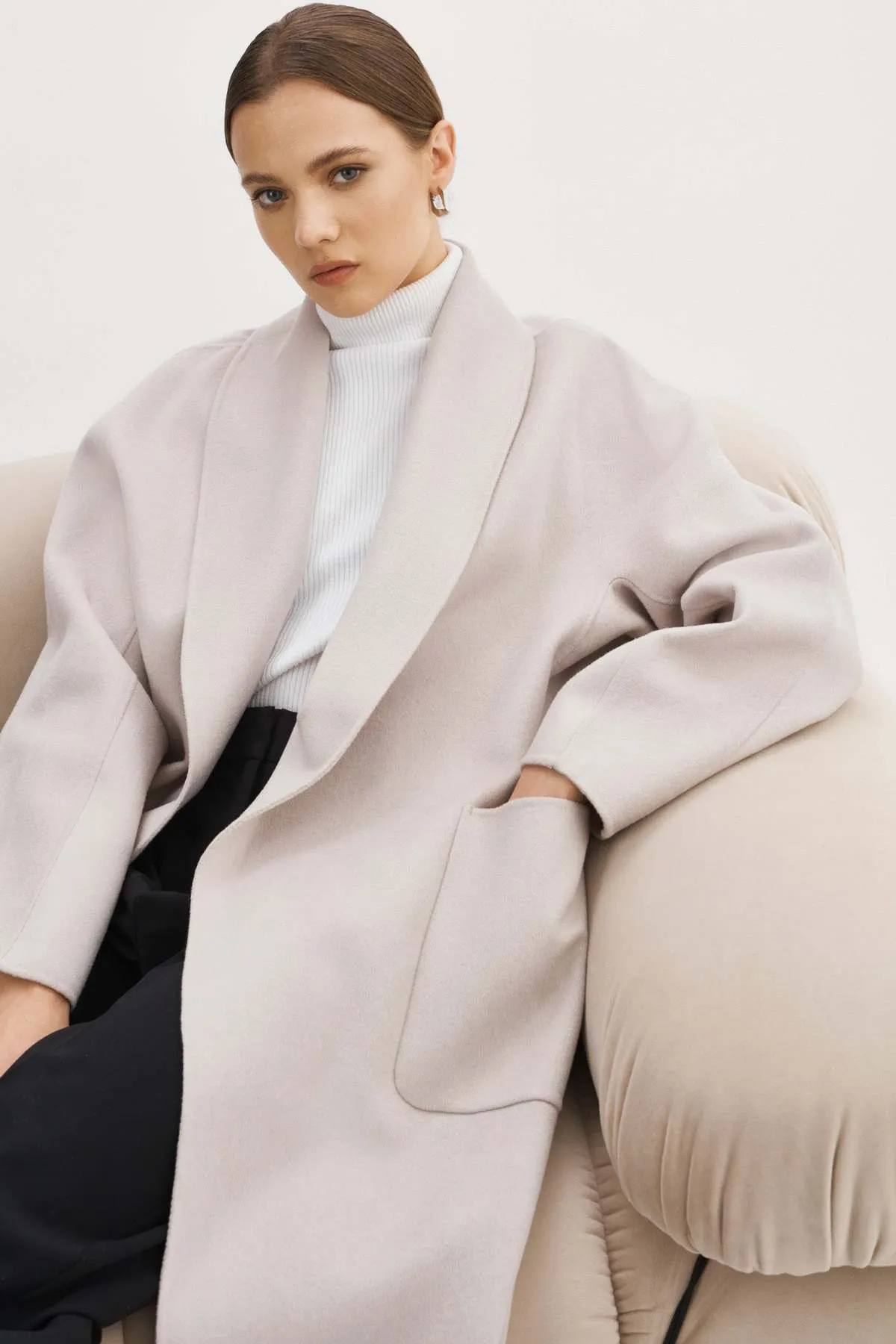 Thara Shawl Collar Wool Coat - Feather Grey