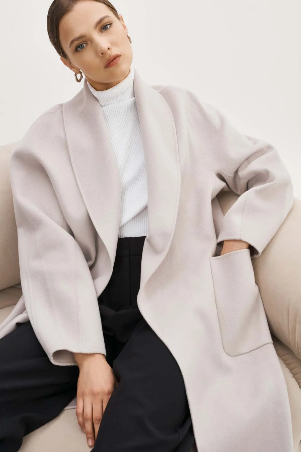 Thara Shawl Collar Wool Coat - Feather Grey